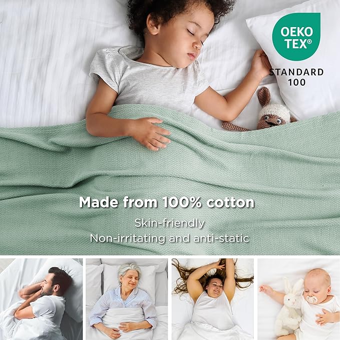 Bedsure 100% Cotton Large Throw Blanket for Couch 50x70 inches - Breathable and Lightweight, Soft Cozy Herringbone Woven Blanket for Summer Spring, Sage Green