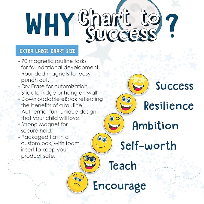 Chart to Success| Magnetic Dry Erase| Daily Routine Responsibility Chore Chart for Kids| 80 Emojis| 70 Tasks, Including Behavior and Self-Care| Fun Design for Both Boys and Girls| Raising a Star