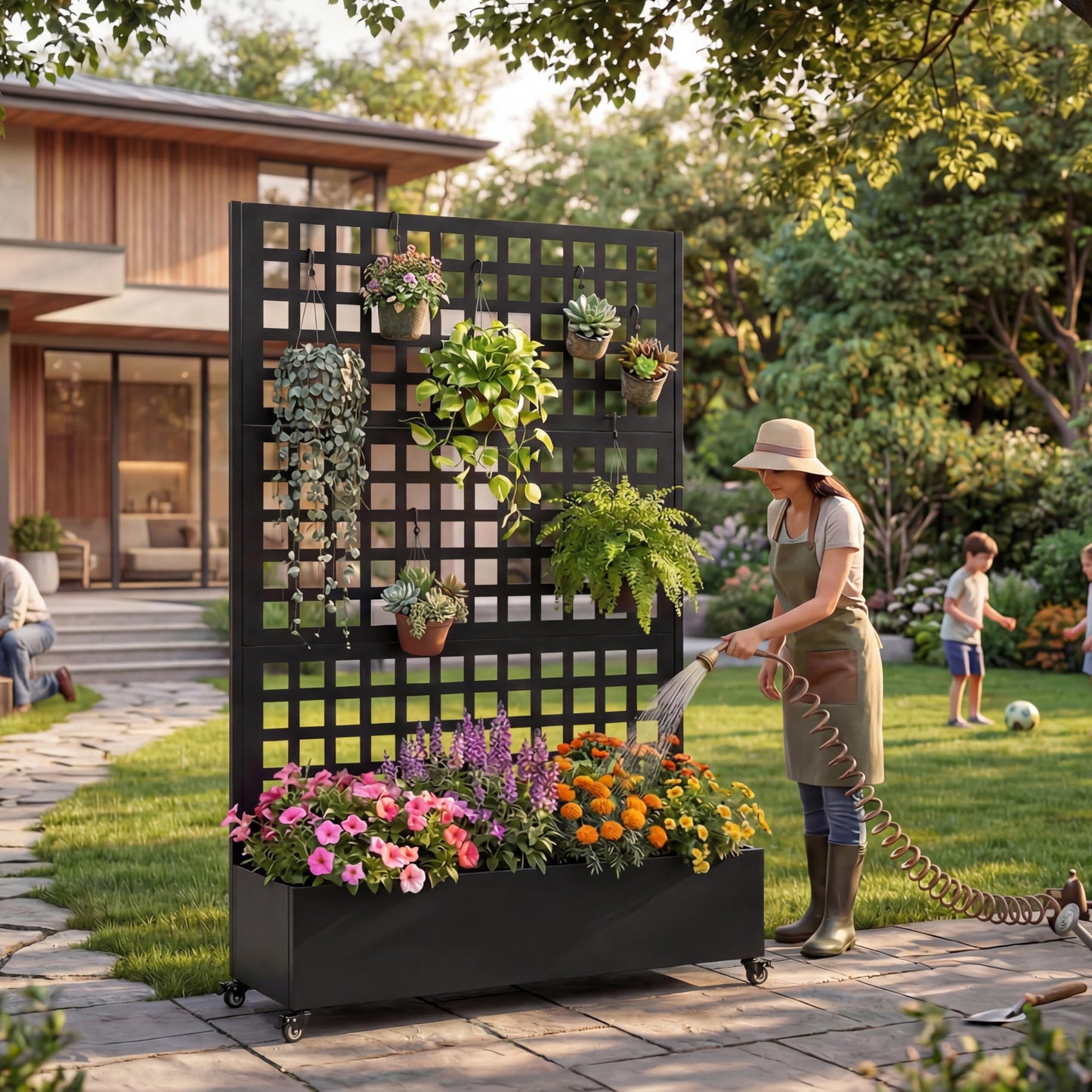 MATONELL 73" Tall Raised Garden Bed with Trellis & Wheels, Galvanized Metal Planter Box for Climbing Plants, Outdoor Planter (Black)