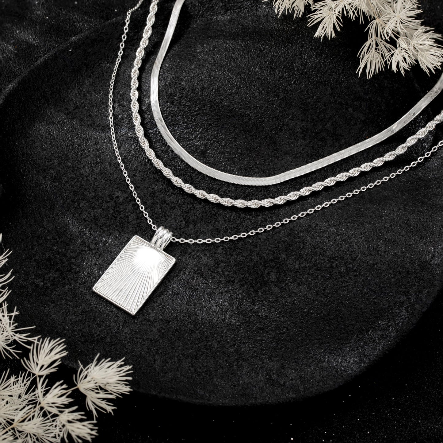 CHESKY Layered Silver Necklaces for Women Trendy, Dainty Silver Plated Stackable Charm Necklaces for Womens Square Pendant Necklaces Silver Jewelry Set for Women Gifts