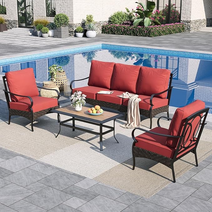 Sophia & William Patio Furniture Set, 4 Piece Metal Outdoor Conversation Set with 3-Seater Outdoor Couch, 2 Sofa Chairs, 1 Coffee Table for Outdoor Seating, Backyard, Porch(Red)