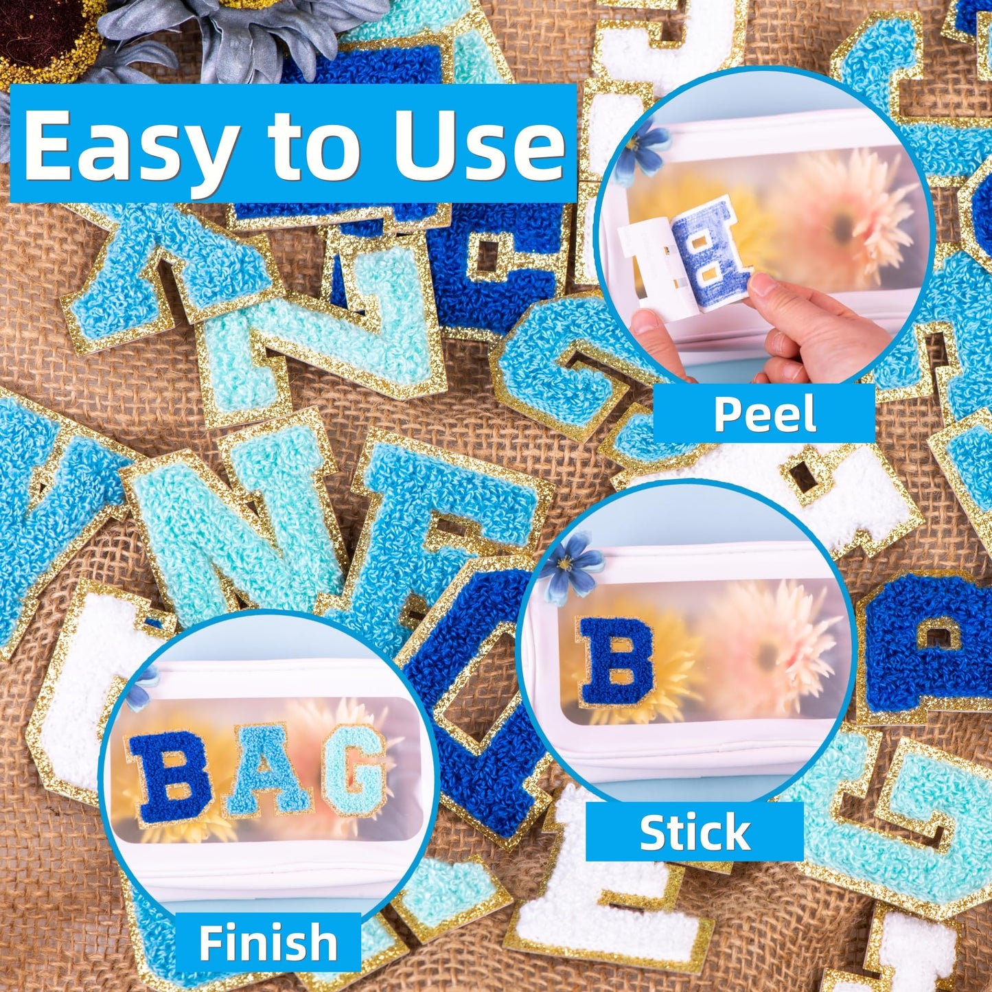 104 Pcs Self Adhesive Chenille Letters & 24 Iron On Stars Kit – Blue Ombre Varsity Letter Patches for Clothes, Backpacks, Hats, DIY Crafts (2.17", Navy/Sky/Light Blue/White)