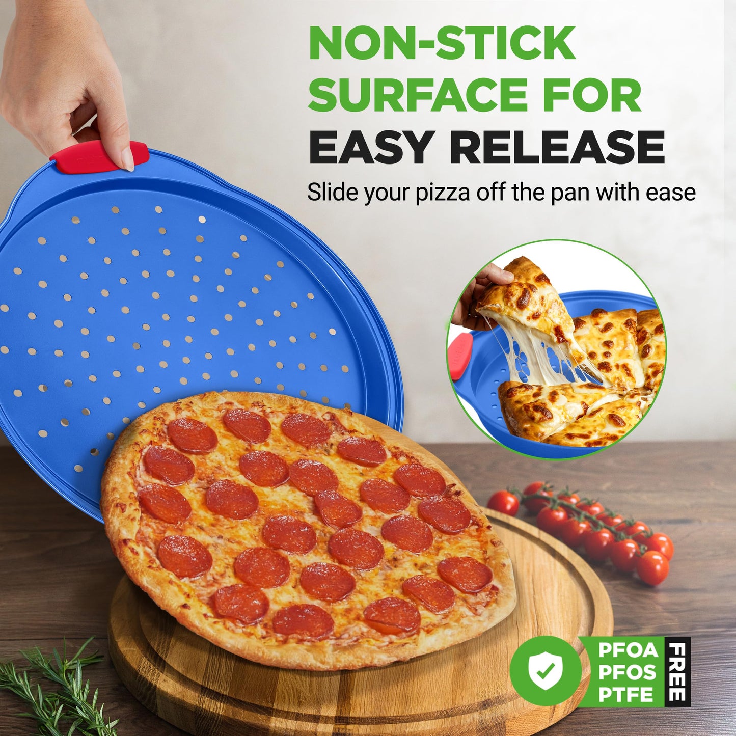 NutriChef 13-Inch Nonstick Pizza Tray - Round Carbon Steel Non-Stick Pizza Baking Pan with Perforated Holes, Premium Bakeware Pizza Screen with Silicone Grip Handles, Dishwasher Safe - Blue