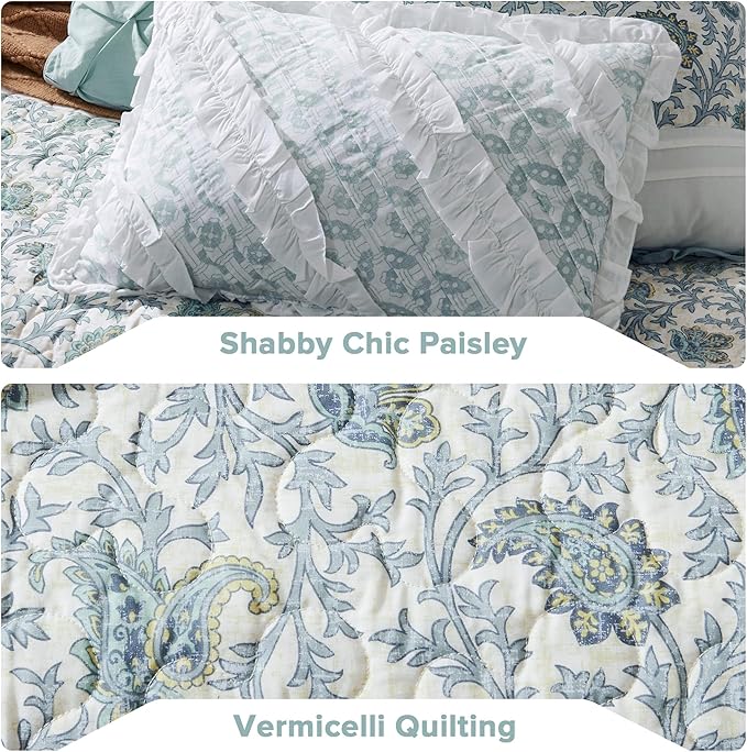 Madison Park 100% Cotton Quilt Set Floral Print, Double Sided Stitching, All Season, Lightweight Coverlet Shabby Chic Bedding Layer, Matching Shams, Full/Queen, Light Teal 6 Piece,Aqua