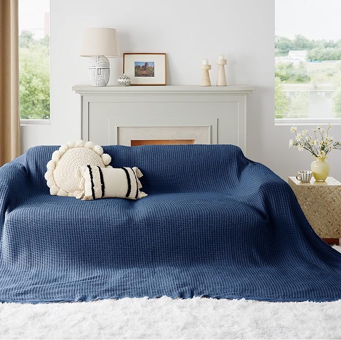 Bedsure 100% Cotton Large Blanket Oversized King for Bed - Breathable Waffle Weave Blanket for Summer Spring, Couch Cover, Navy, 120x94 inches