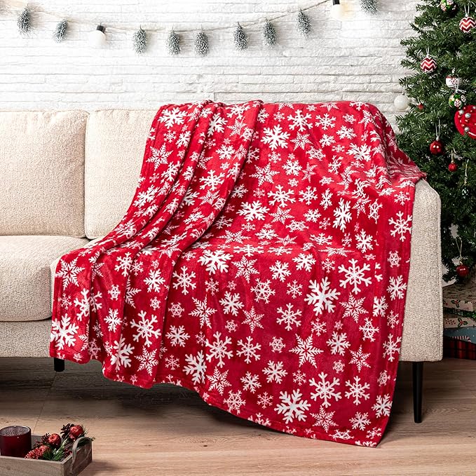PAVILIA Christmas Throw Blanket | Red Snowflake Christmas Fleece Blanket | Soft, Plush, Warm Winter Cabin Throw, 50x60 (Red/White Snowflake)