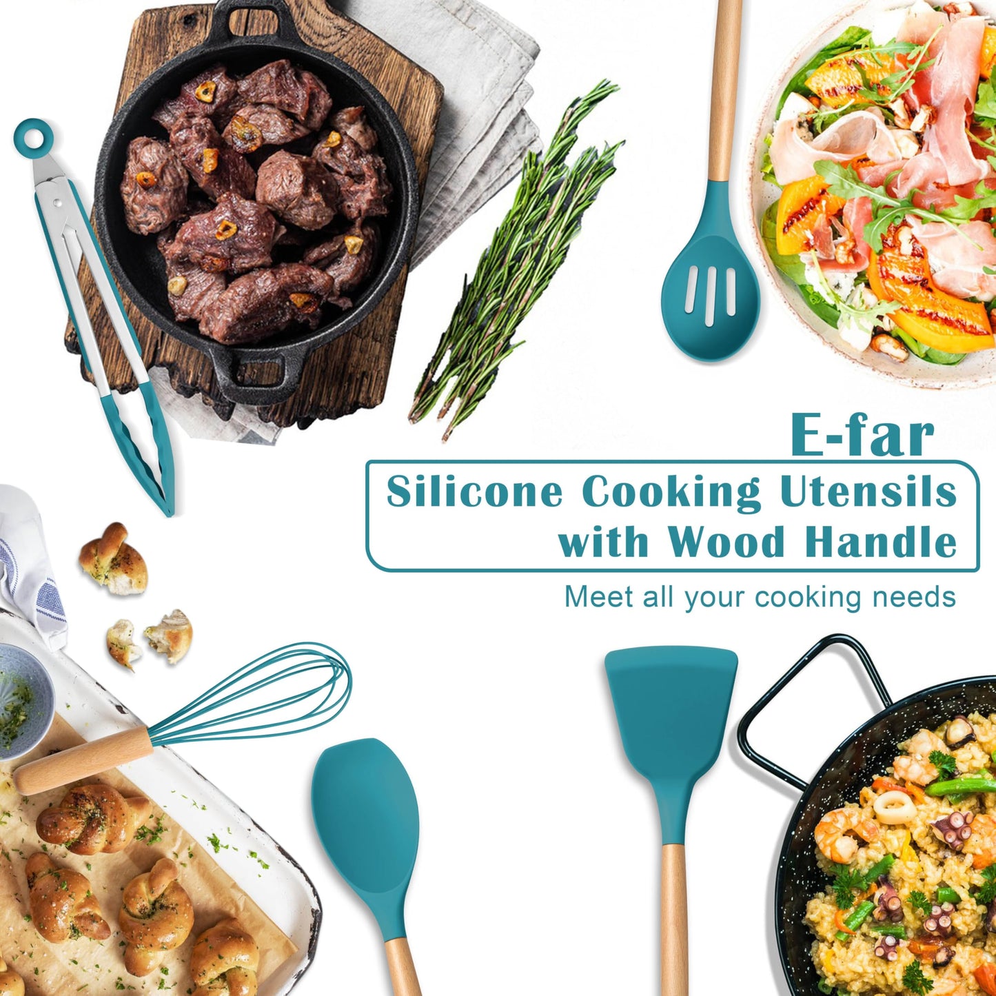 E-far Blue Silicone Cooking Utensils Set, 10-Piece Kitchen Utensils Set with Wooden Handle for Nonstick Cookware, Heat Resistant Kitchen Nonstick Tools Spatula Whisk Tongs Ladle, Non-toxic & Healthy