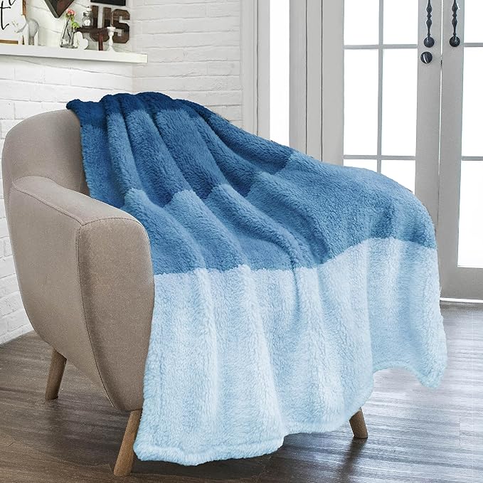 PAVILIA Fluffy Sherpa Throw Blanket Ombre | Gradient Plush, Soft, Fuzzy, Decorative Accent Throw Blanket for Couch Sofa Twin Bed | Cozy Warm Decorative Furry Faux Fur Blanket, 60x80 Inches Sea Blue