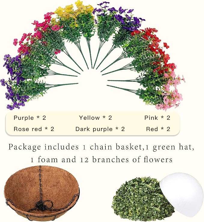 Senjie 12 Bundles Artificial Hanging Flowers with Basket for Outdoor Decor, UV Resistant Faux Flowers Fake Hanging Planter for Porch Patio Balcony