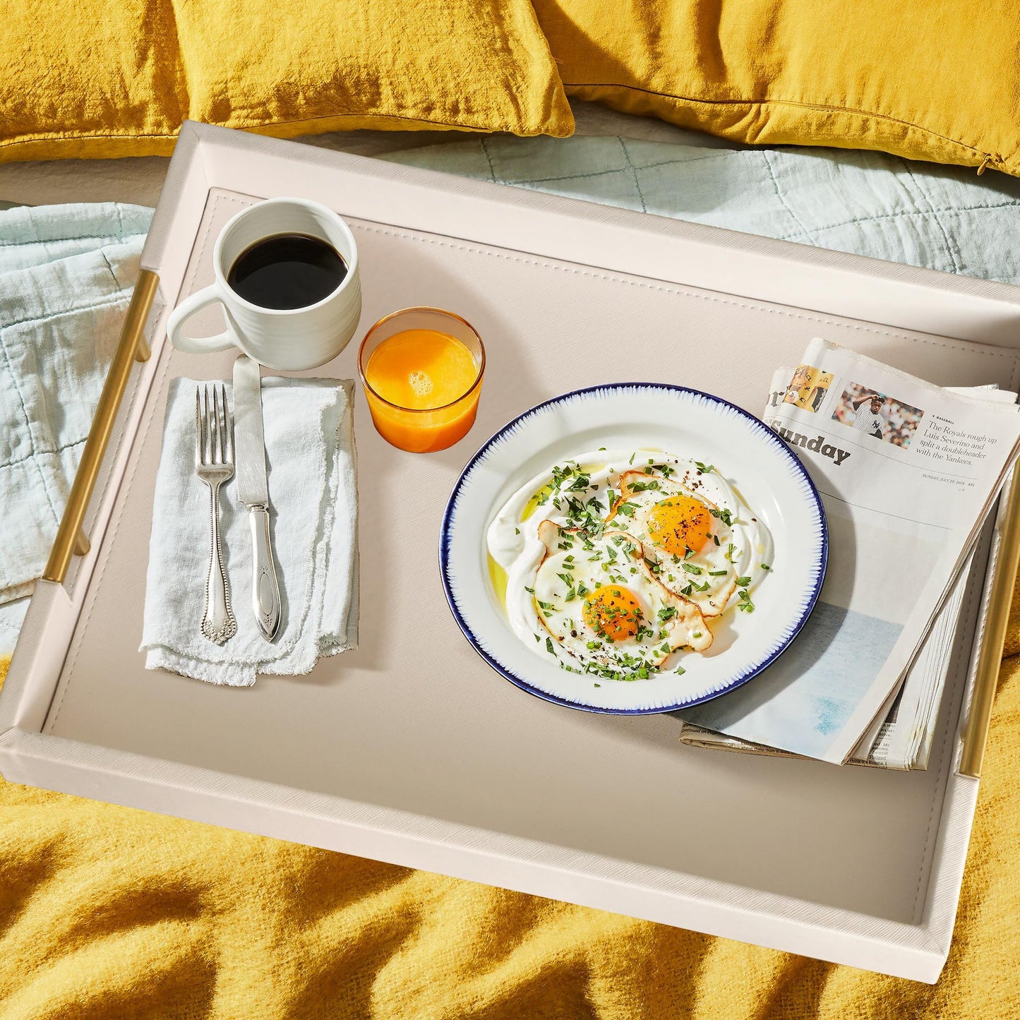 HofferRuffer Faux Leather Serving Tray with Gold Metal Handles, Stylish Decorative Tray Organizer for Coffee Table, Ottoman, Home Decor and Serving (CreamWhite, 16.2" x 12.2" x 2")