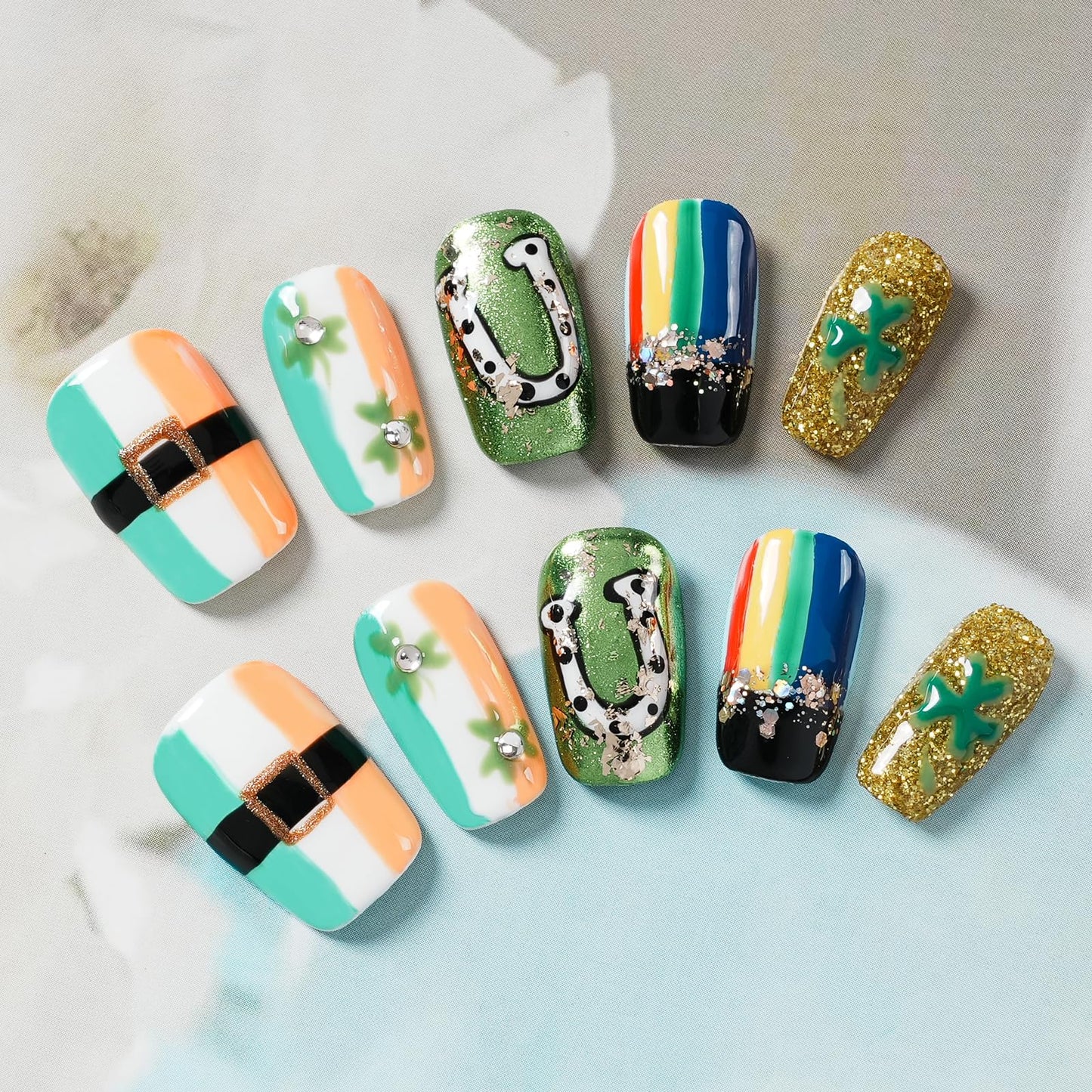 Tesytto Medium Square Press on Nails - Irish Flag Green White Orange Nails with Lucky Shamrock & Belt Design, Rainbow & 3D Gold Glitter Spring Summer Fake Nails (Size L)