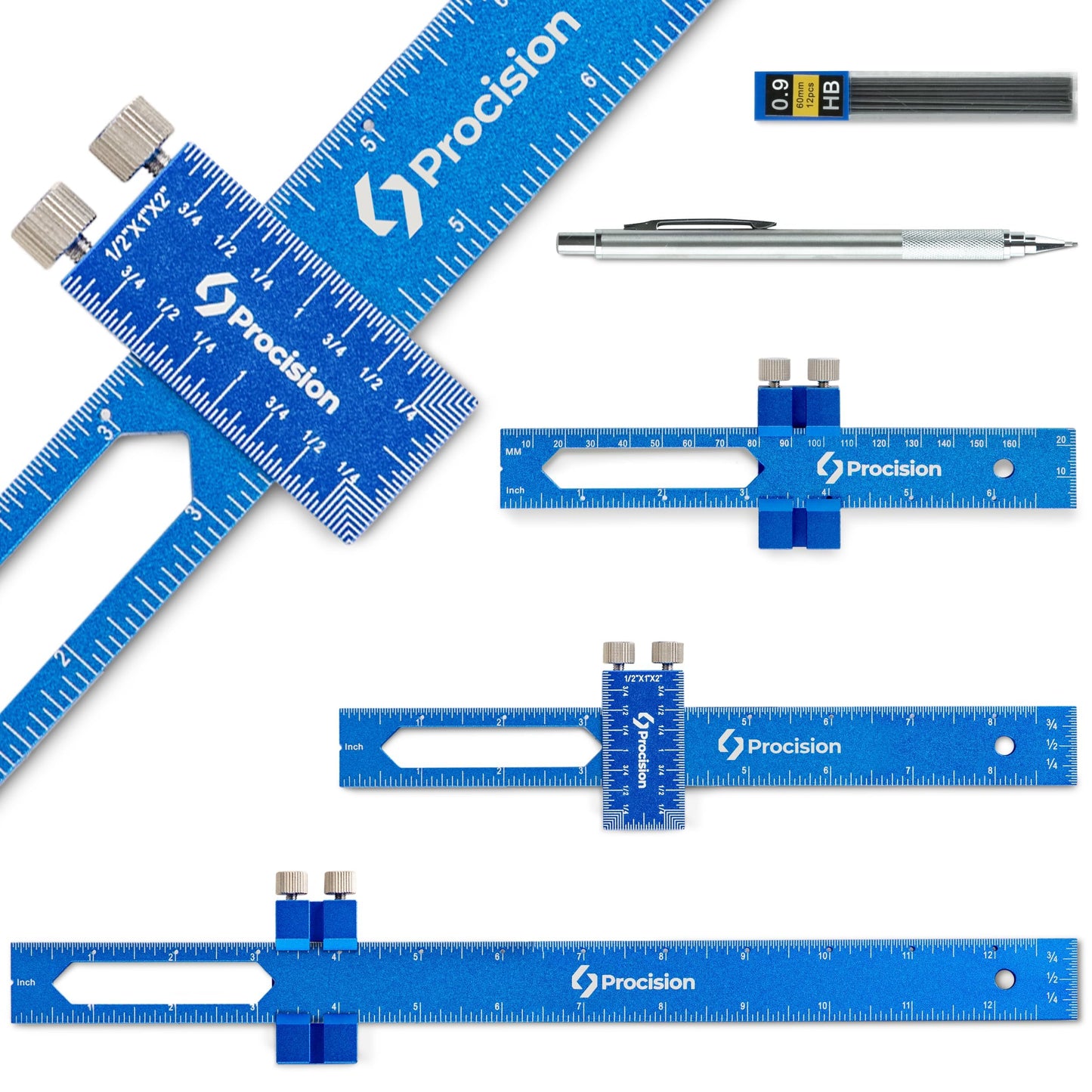 ELEON Precision Woodworking Ruler, Set of 3 (12, 8, 6 Inch) - Precise Woodworking Pocket Tool with Extra Wide 2" Sliding Attachment - Slide T-Square Scribing Kit Plus Mechanical Pencil - Aluminium