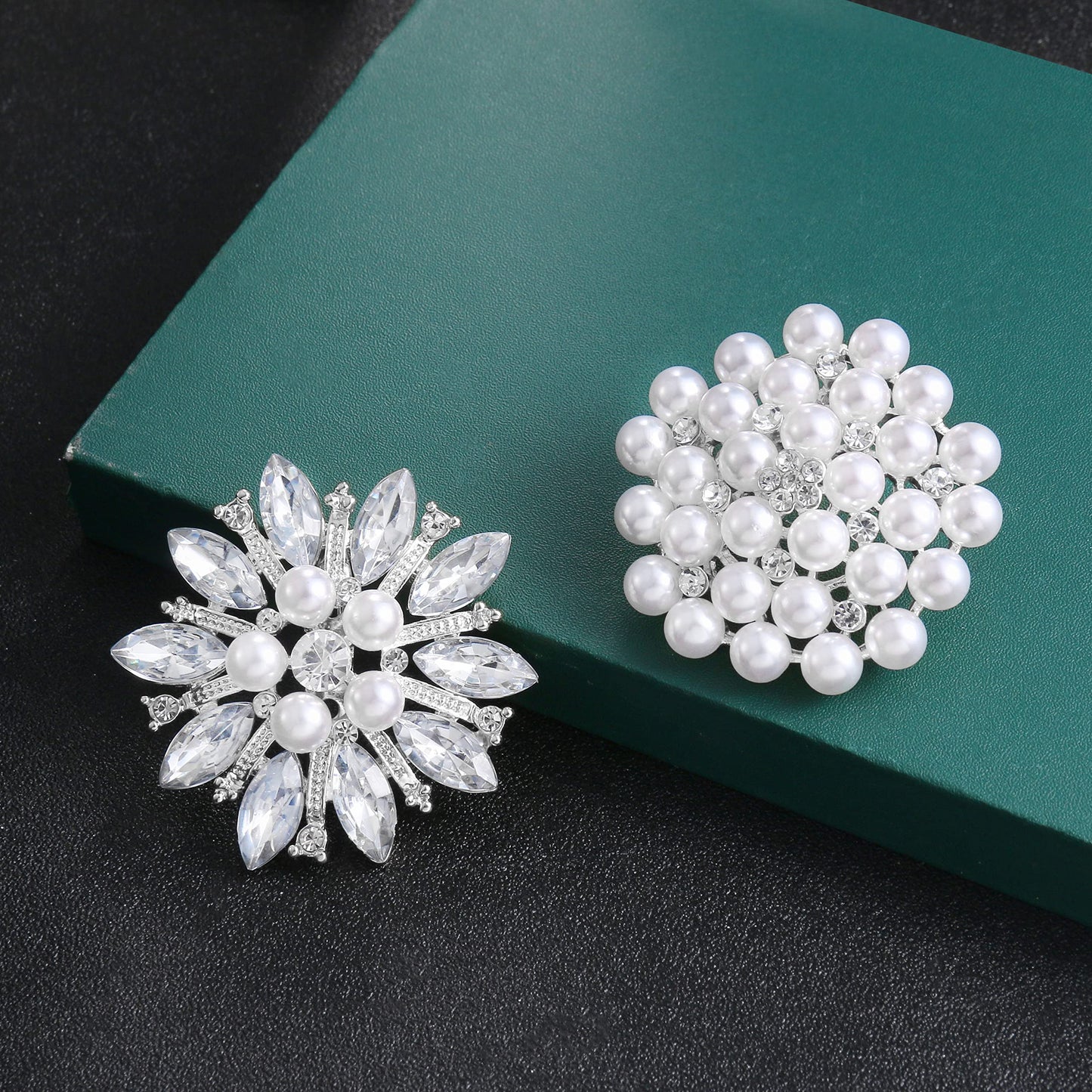 WeimanJewelry Silver/Gold/Rose Gold Plated Assorted Crystal Rhinestones Brooch Pins Set for DIY Wedding Bouquets Kit (Silver with pearls 10pcs)