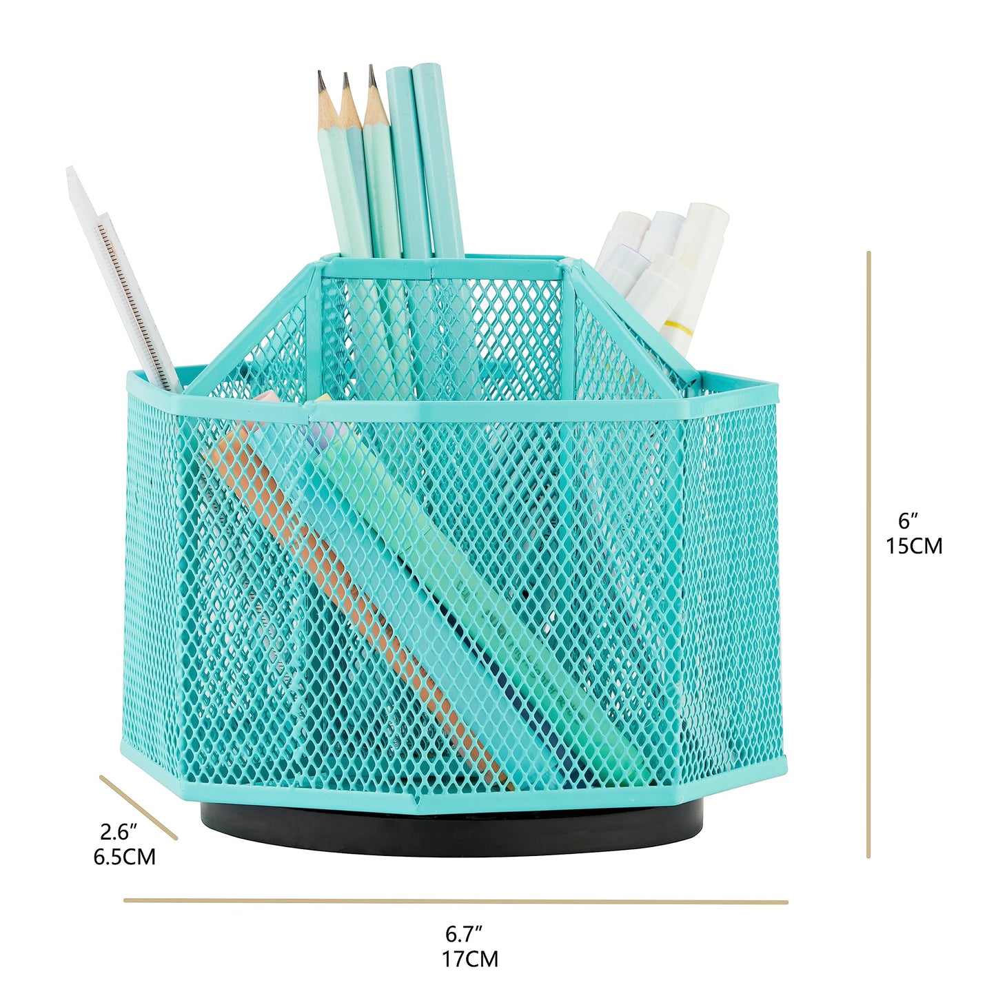Annova Mesh Desk Organizer Rotate with 5 Compartments Spinning Tidy Candy/Pen Holder Office, Art Supply, Storage, Classroom, Home (Turquoise)