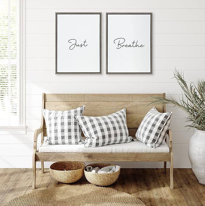 Kate and Laurel Sylvie Just Breath Black and White Framed Canvas Wall Art by The Creative Bunch Studio, 2 Piece 18x24 Gray, Simple Motivational Art Set, Self Care Wall Décor
