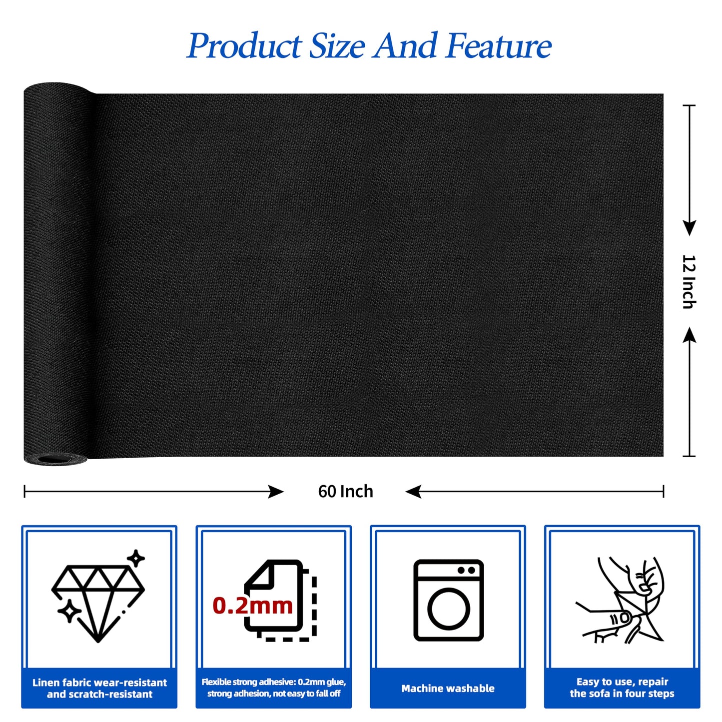 KING MOUNTAIN Linen Iron on Patch,12"×60",Couch Fabric Repair Patch,Used for Various Sofa,Seats, Pillow (Black)