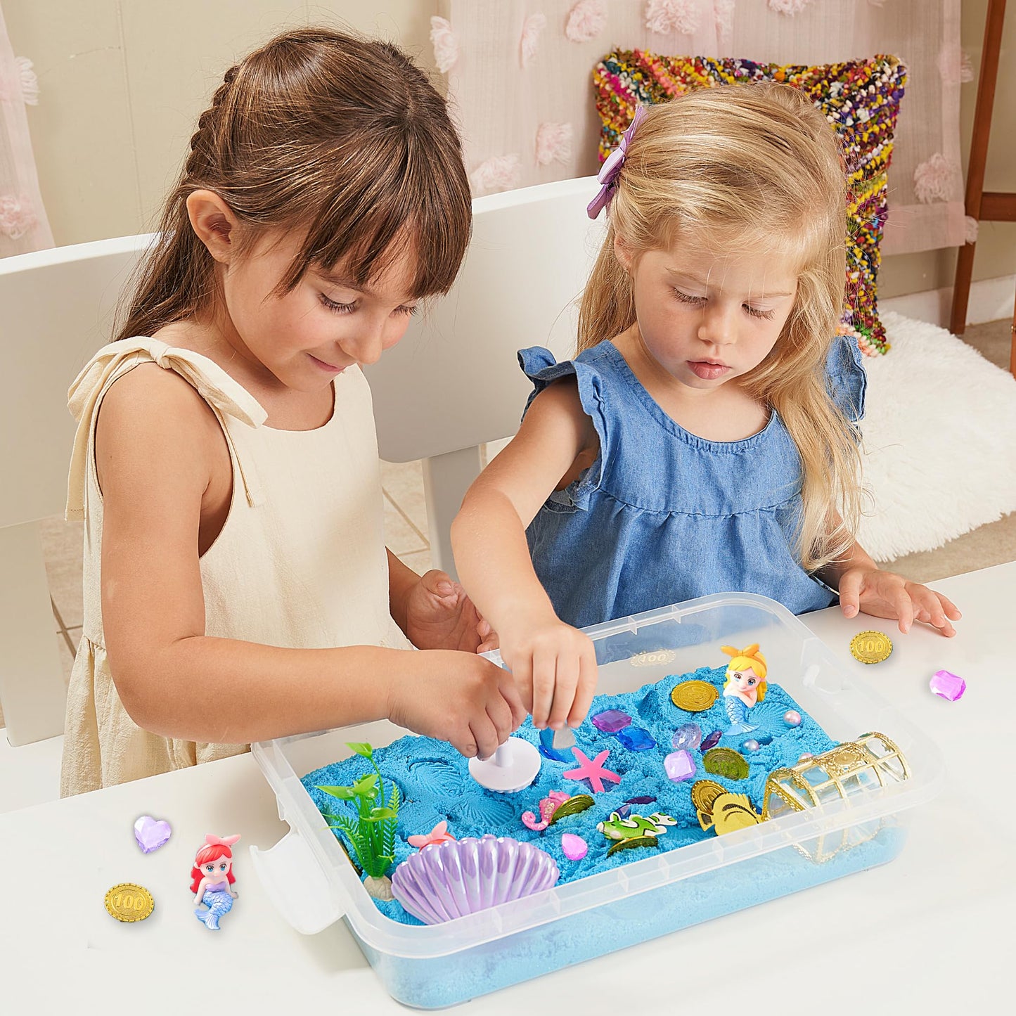Sensationally OT 38 PCS Mermaid Sensory Bin with 2 lb Magic Sand, Ocean Molds & Treasure Accessories – Creative Sand Play Gift for Girls Ages 3–8