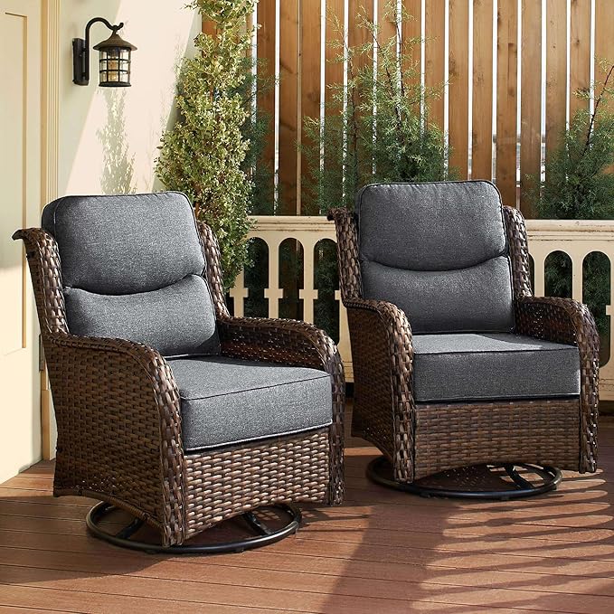 HILLGA Luxury Patio Furniture Set with 6-Inch Thick Cushions, High Back Outdoor Swivel Rocker Chairs, 2-Piece All Weather Conversation Set for Porch Deck Balcony Yard, Dark Grey (V3)