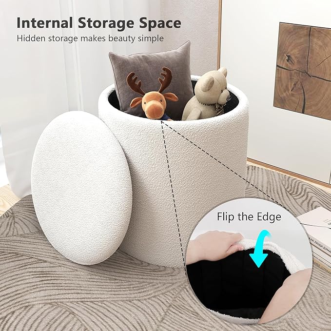 Ottoman Poufs with Storage,Soft Upholstered Vanity Stool,Multifunctional Ottomans Coffee Table Padded Seat Foot Rest for Living (White M)