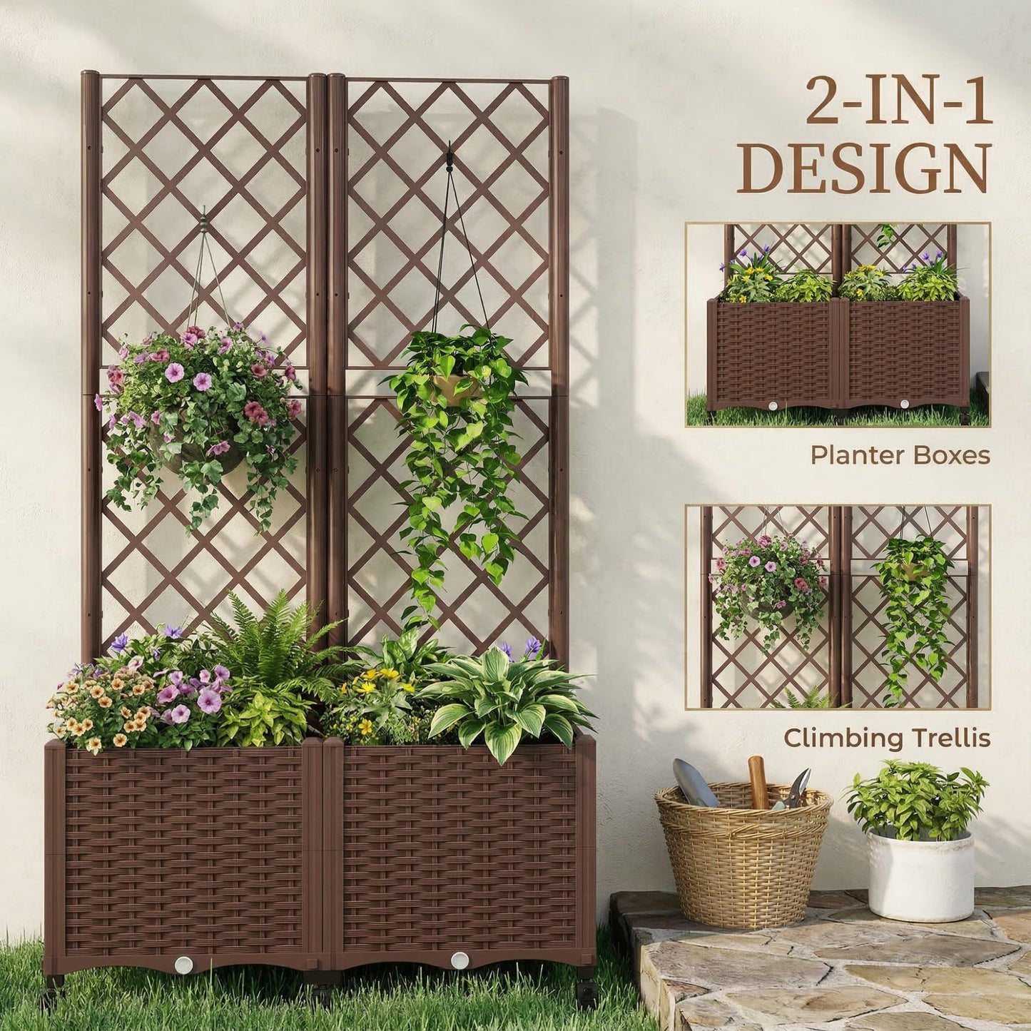Outsunny Planter Box with Trellis, Self Watering Raised Garden Bed with Lockable Wheels, Privacy Trellis Planter with Drainage Holes for Climbing Plants, Vegetables, Flowers, 56.3", Brown