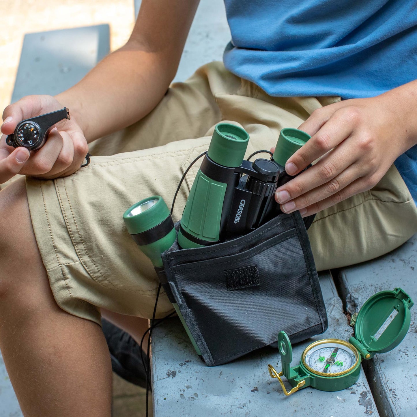 Carson AdventurePak Containing 30mm Kids Field Binoculars, Lensatic Compass, Flashlight and Signal Whistle with a Built-in Thermometer (HU-401), Multicolor