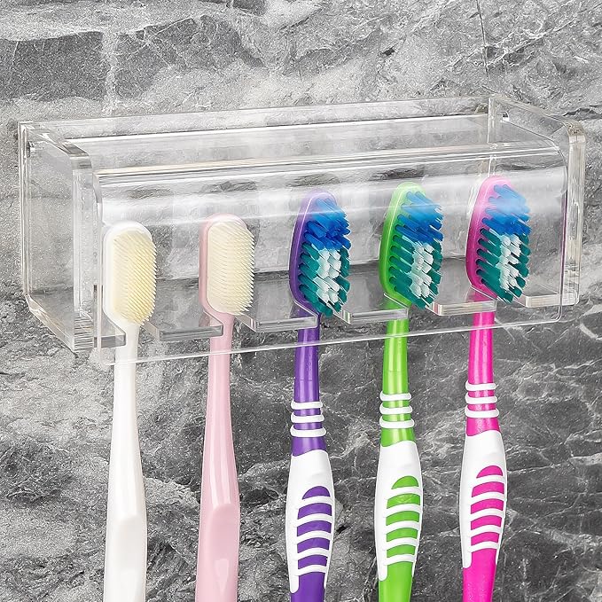 5 Slots Wall Mount Toothbrush Holder with Cover, Self Adhesive Toothbrush Storage Organizer for Shower, Toothbrush Hanger for Bathroom, Medicine Cabinet, Dorm (Clear)