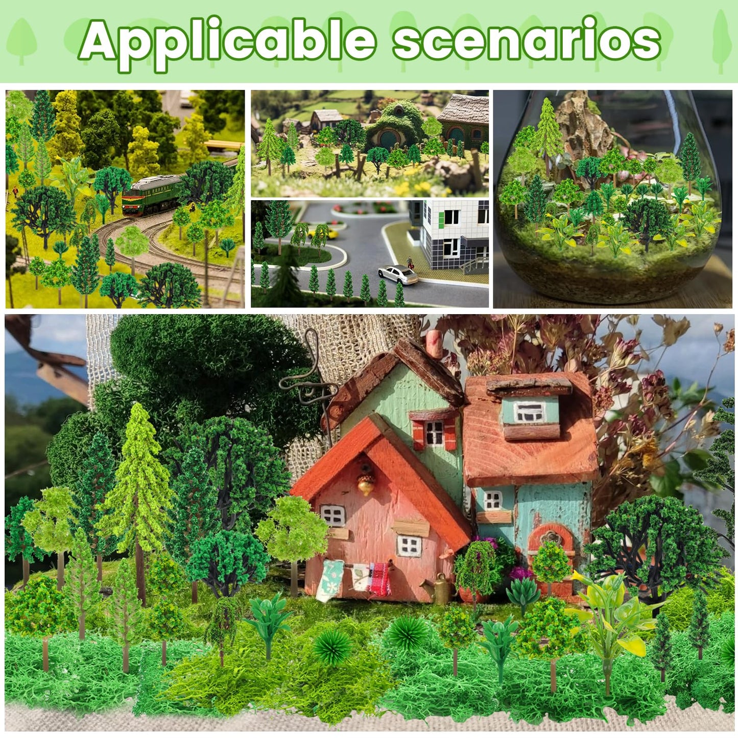 QUOZUO 36 Pcs Green Mixed Model Trees with 40g Moss, Diorama Trees Grass Mini Fake Miniature Trees Moss for Building Model, Model Train Scenery, Natural Green Landscape, Railroad Scenery