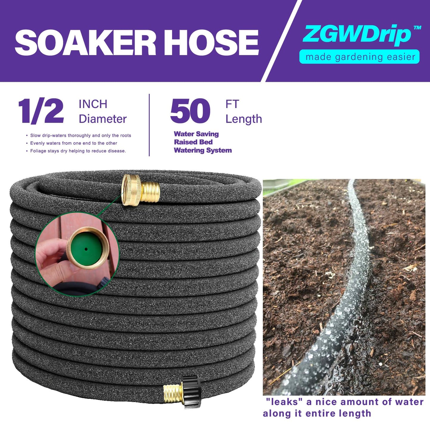 ZGWDrip 50FT 1/2" Water-Saving Soaker Hose with Solid Brass Connectors, Drip Irrigation Kit for Lawn & Yard