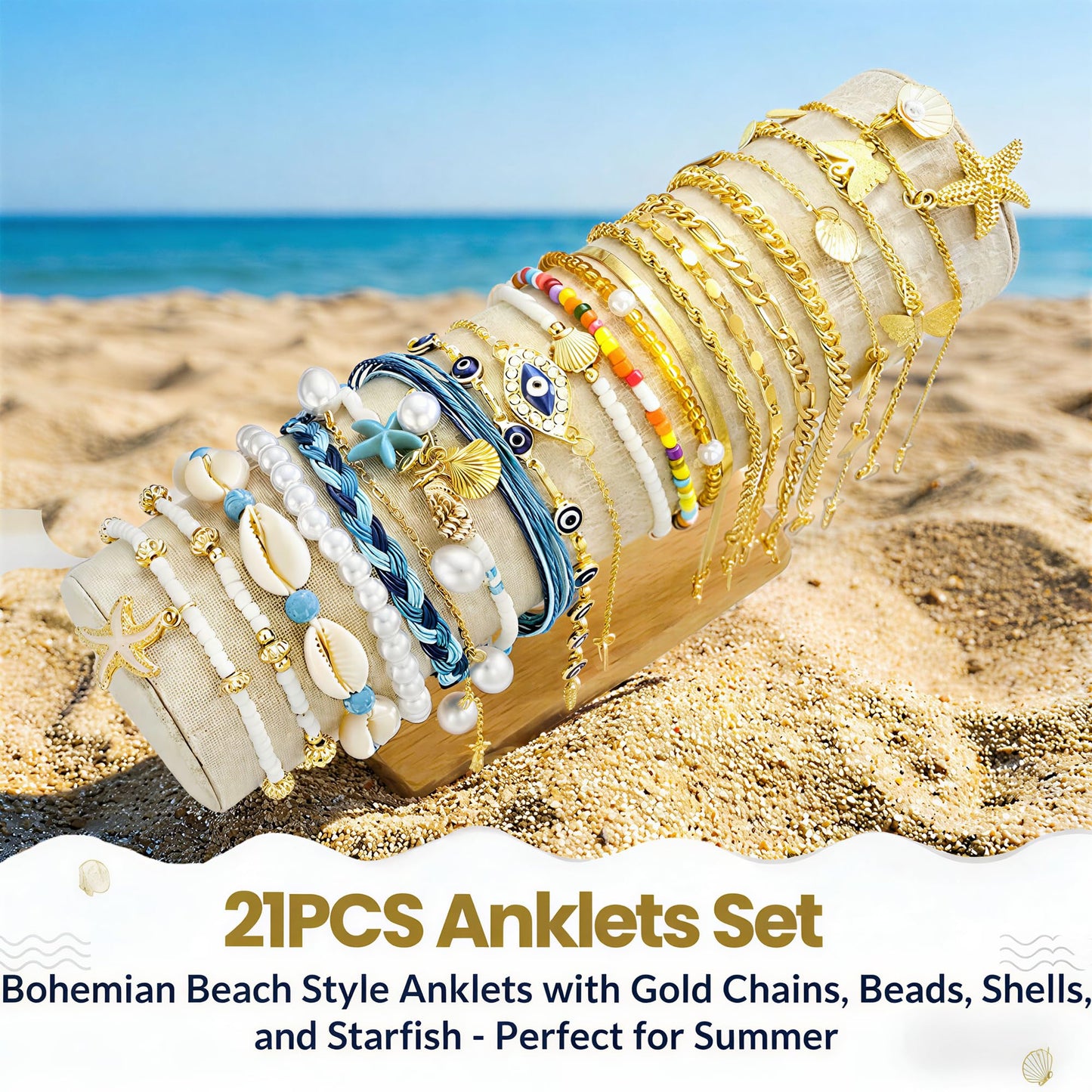 17KM 21PCS Gold Ankle Bracelets for Women, Boho Shell Bead Cuban Link Chain Waterproof Gold Anklets Set, Adjustable Layered Anklets for Women Beach Jewelry Gift