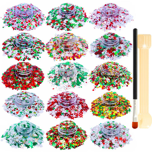 Glitter SUPGIFT 15 Colors 130g Holographic Christmas Snowflake Tree Heart Star Pentagram Chunky Cosmetic Laser Sequins for Makeup Hair Body Nail Art Slime Craft Resin with Brush 5 Spoons