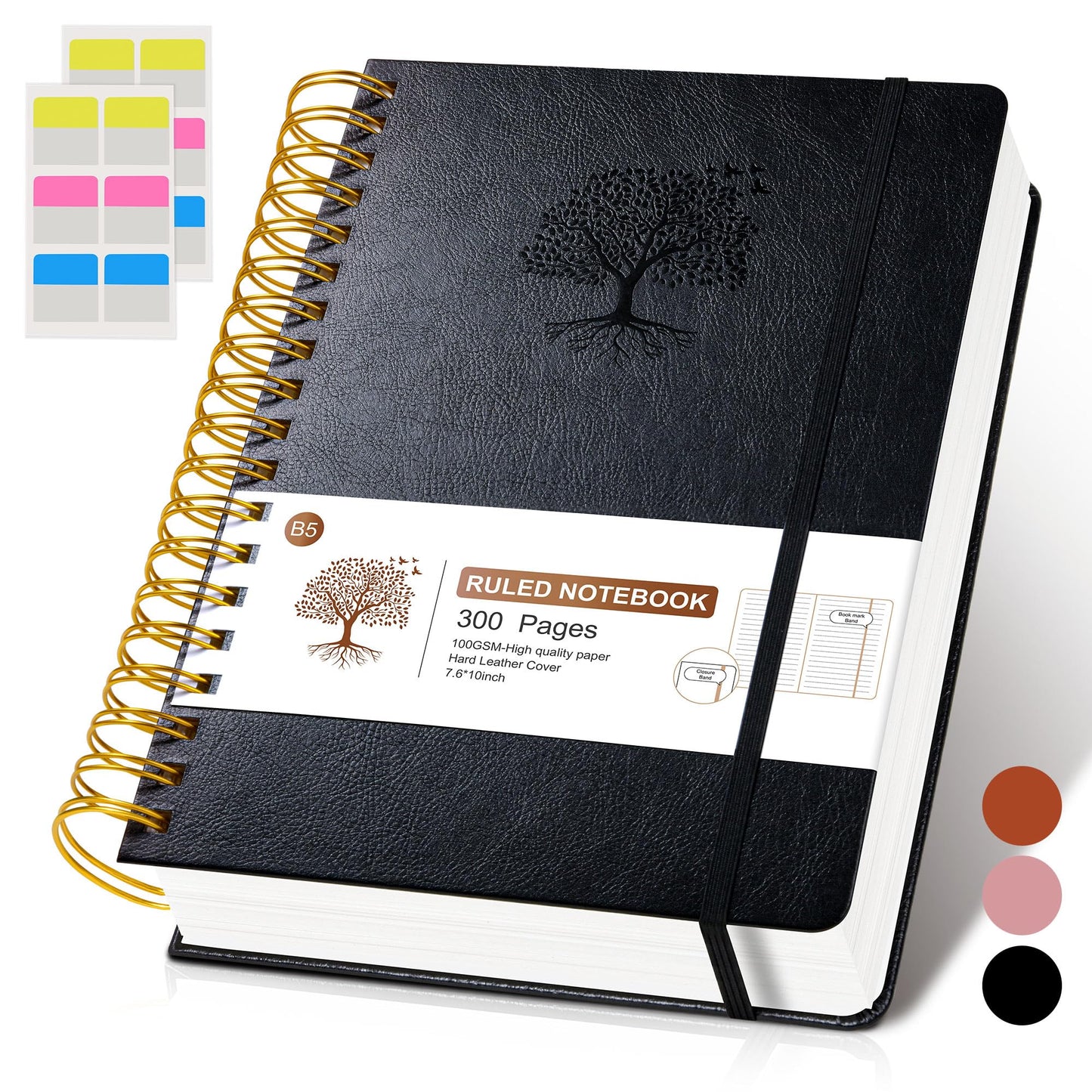 Lined Spiral Notebook Journal, 300 Pages Hardcover Leather Journals for Women Men, B5 Large College Ruled Notebooks, 100 GSM Thick Paper, Spiral Bound Journaling for Writing Work School 7.6"×10",Black