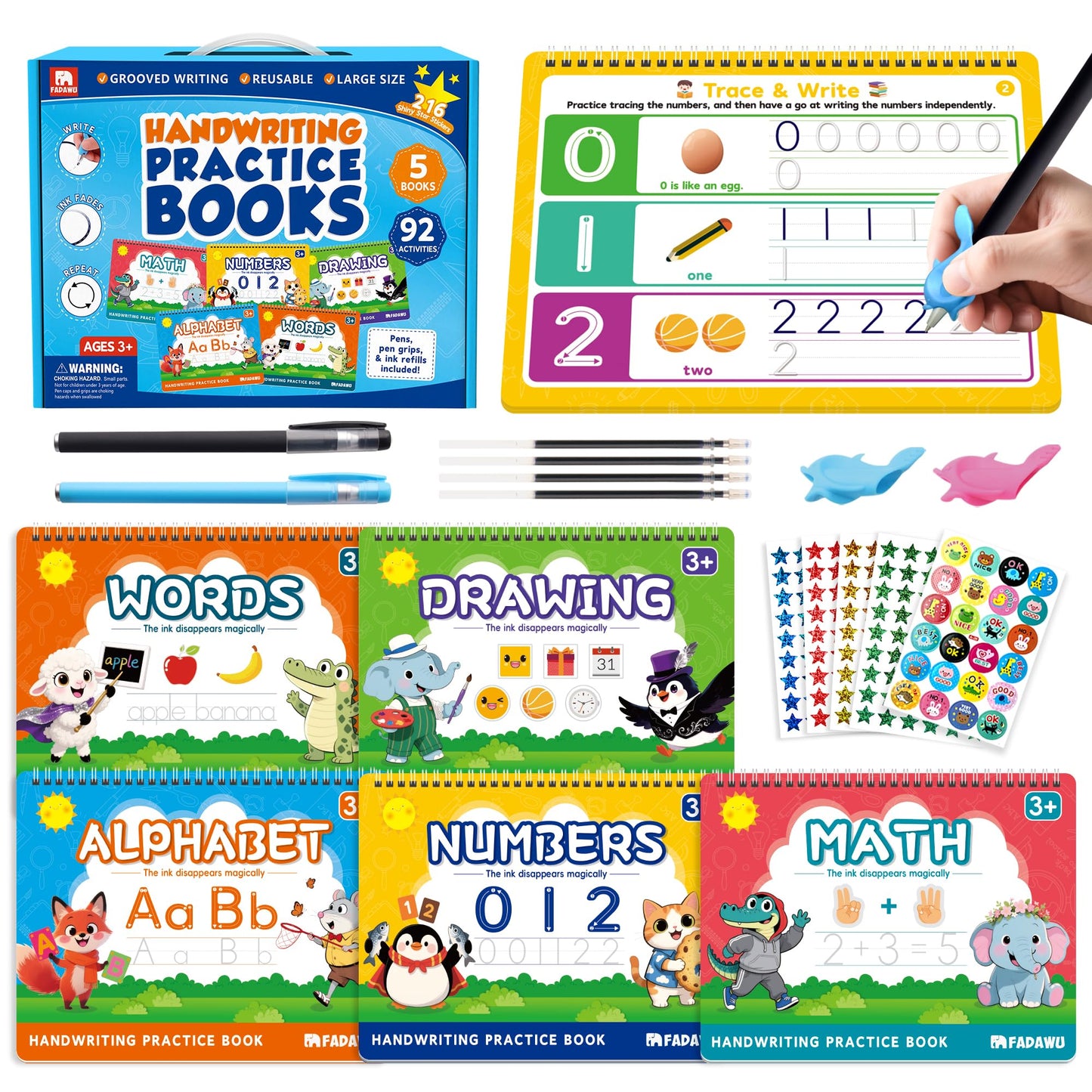FADAWU Magic Grooved Writing Practice Books for Kids, Large Grooved Handwriting Copybook, Reusable Learn to Write Number Letter Preschool Tracing Workbook for Kids Ages 3-8, Birthday Gifts Toys