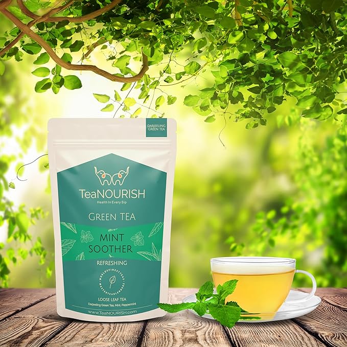 TeaNOURISH Mint Soother Green Tea | Darjeeling Loose Leaves | Blended with Fresh Mint & Peppermint Leaves | Refreshing & Calming Tea | 50 Cups - 3.53oz/100g (Pack of 2)