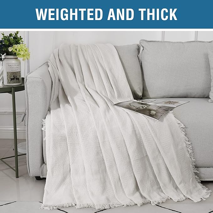 H.VERSAILTEX Cotton Sofa Covers Couch Cover Sofa Slipcover for Most Shape Sofas, Feature Thick Woven Jacquard Seamless with Tassels, Multi-Use Decorative for Couch (X-Large: 71" x 118", White)
