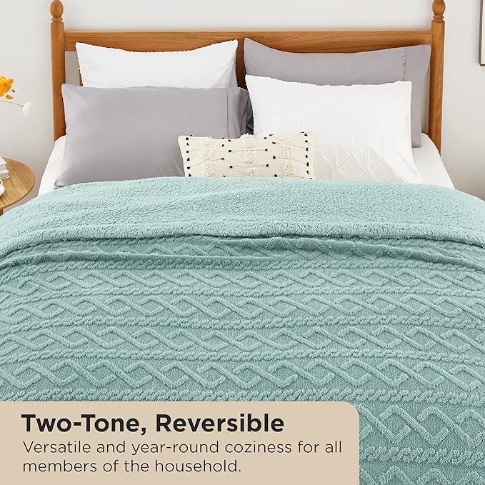 Bedsure Sherpa King Size Blanket for Bed- GentleSoft Fleece Fluffy & Cozy Cable Jacquard Tufted for Women Gift, Thick and Warm Blankets for Winter, Sage Green, 108x90 Inches
