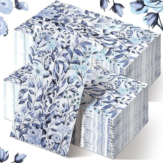 Karenhi 200 Pcs Blue Paper Hand Towels 2 Ply Blue Floral Bathroom Guest Napkins Flower Decorative Disposable Napkins Wildflower Disposable Bathroom Towels for Wedding Birthday Party Baby Shower