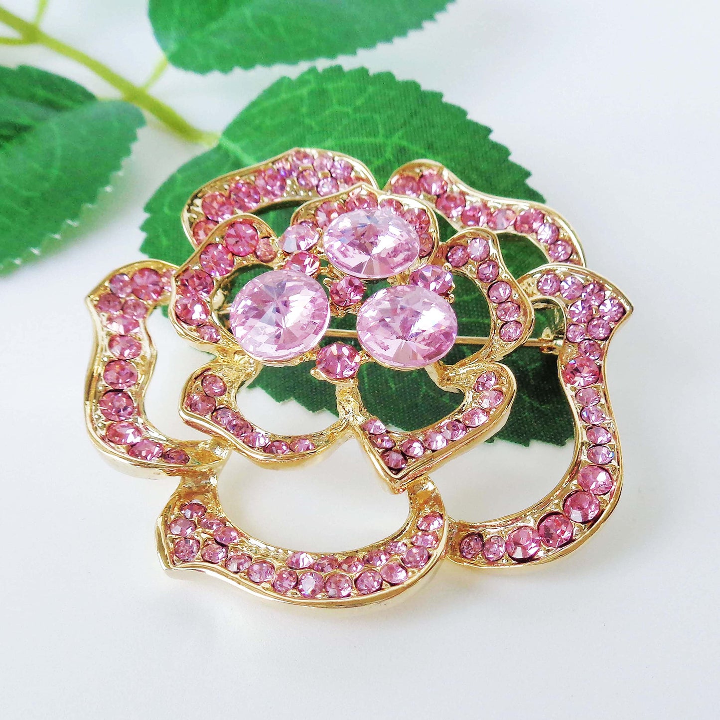 Navachi 18k Gold Plated Pink Crystal Blooming Rose Flower Az7435b Brooch pins
