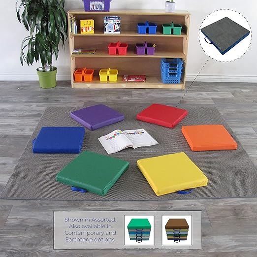 Factory Direct Partners SoftScape 15 inch Square Classroom Floor Cushions with Handles; Flexible Seating for Daycare, Preschool, Playroom; 2 inch Thick Deluxe Foam (6-Piece) - Contemporary, 12228-CT