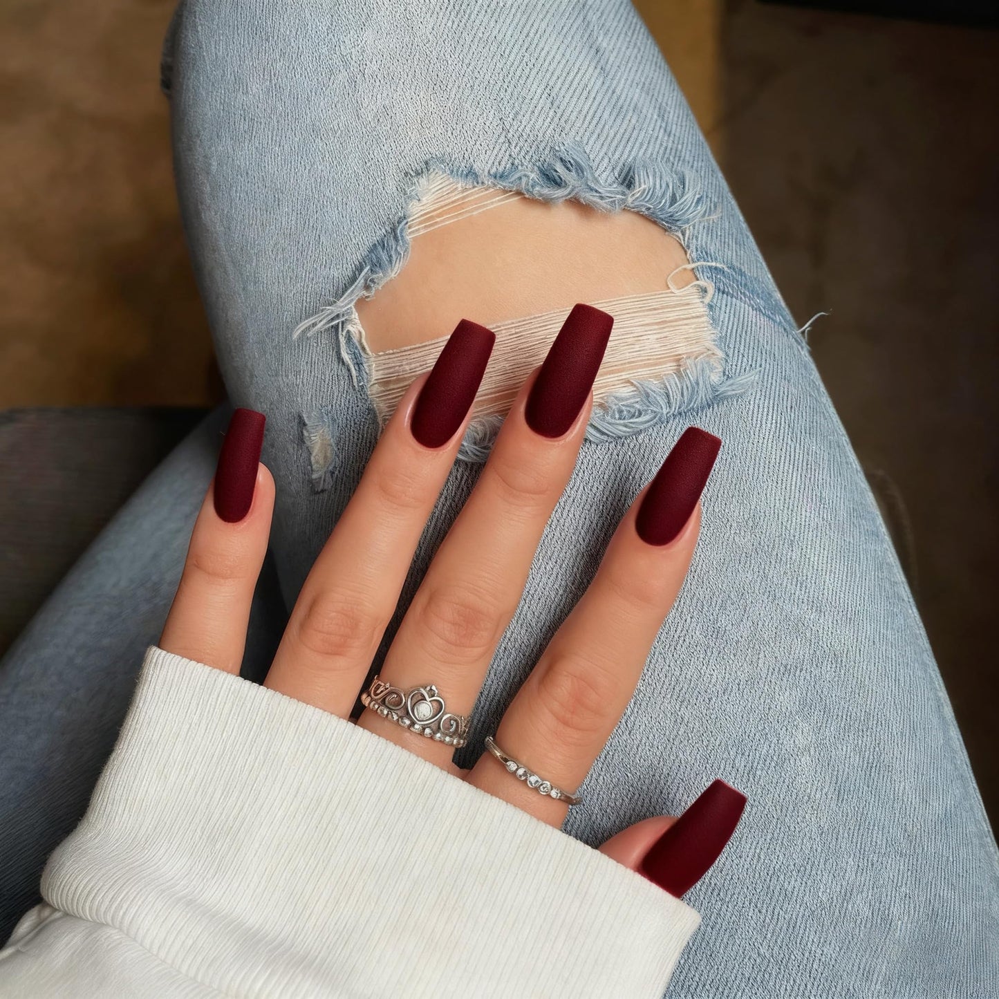 Matte Dark Red Press On Nails - Medium Long Square, Coffin Acrylic Press Ons - Glue On Medium Length, Solid Color Fake Cherry Red Thick Stick On Nails for Women