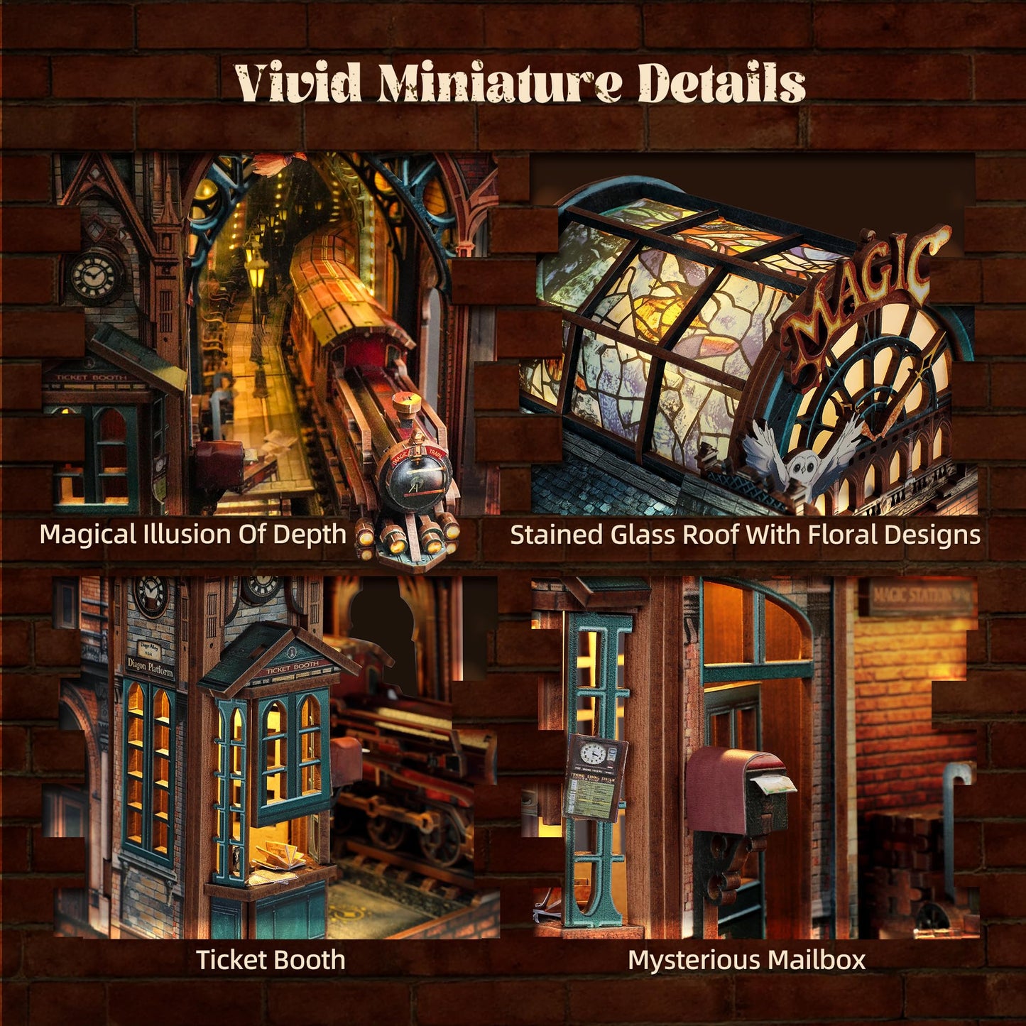 FUNPOLA LED 3D Puzzle Magic Station Book Nook Kit - Interactive 3D Wood Puzzle LED Magical Miniature with Infinite Extension Space - DIY Bookshelf Insert Decor Gifts(Magic Station)