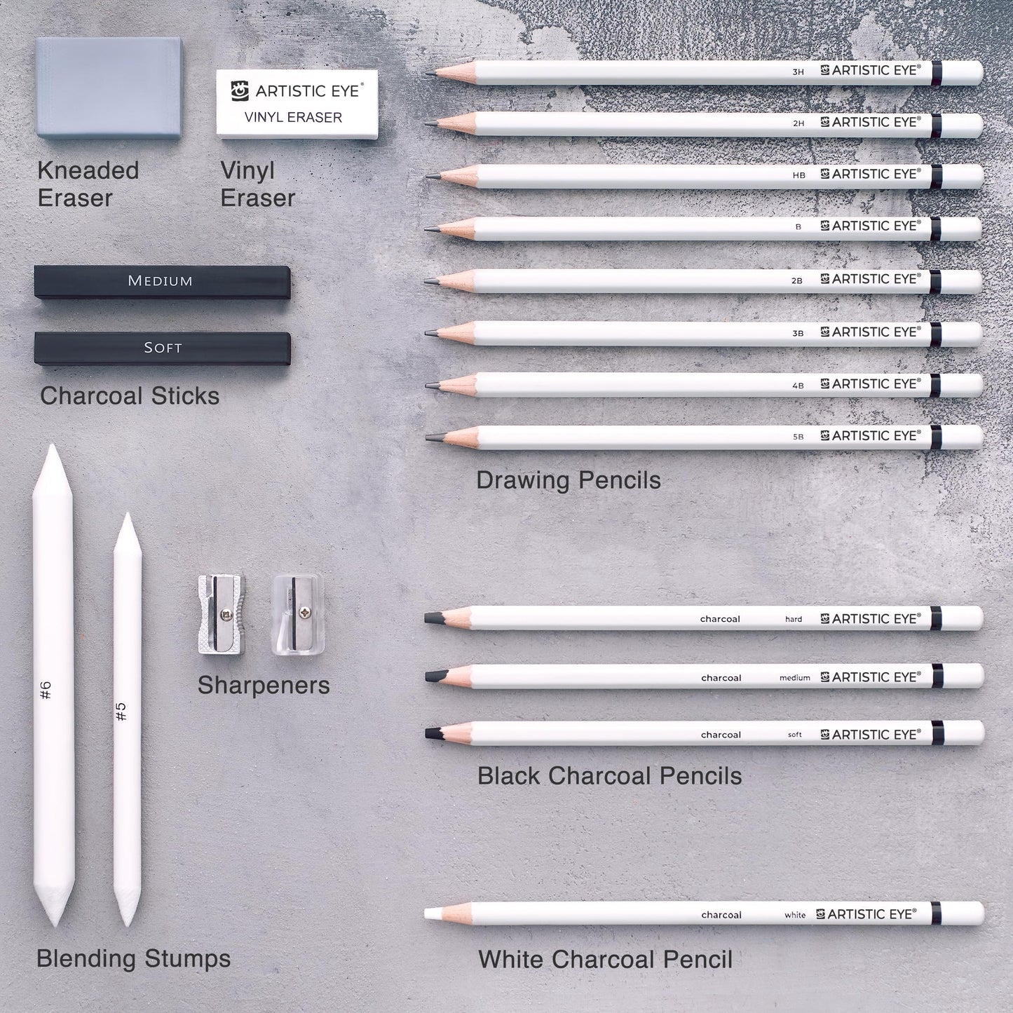 ARTISTIC EYE Premium Drawing and Sketching Pencil Art Set (20 Items): Complete Kit with Graphite Pencils, Charcoal Pencils, Sticks, Blending Stumps, Erasers, and Sharpeners