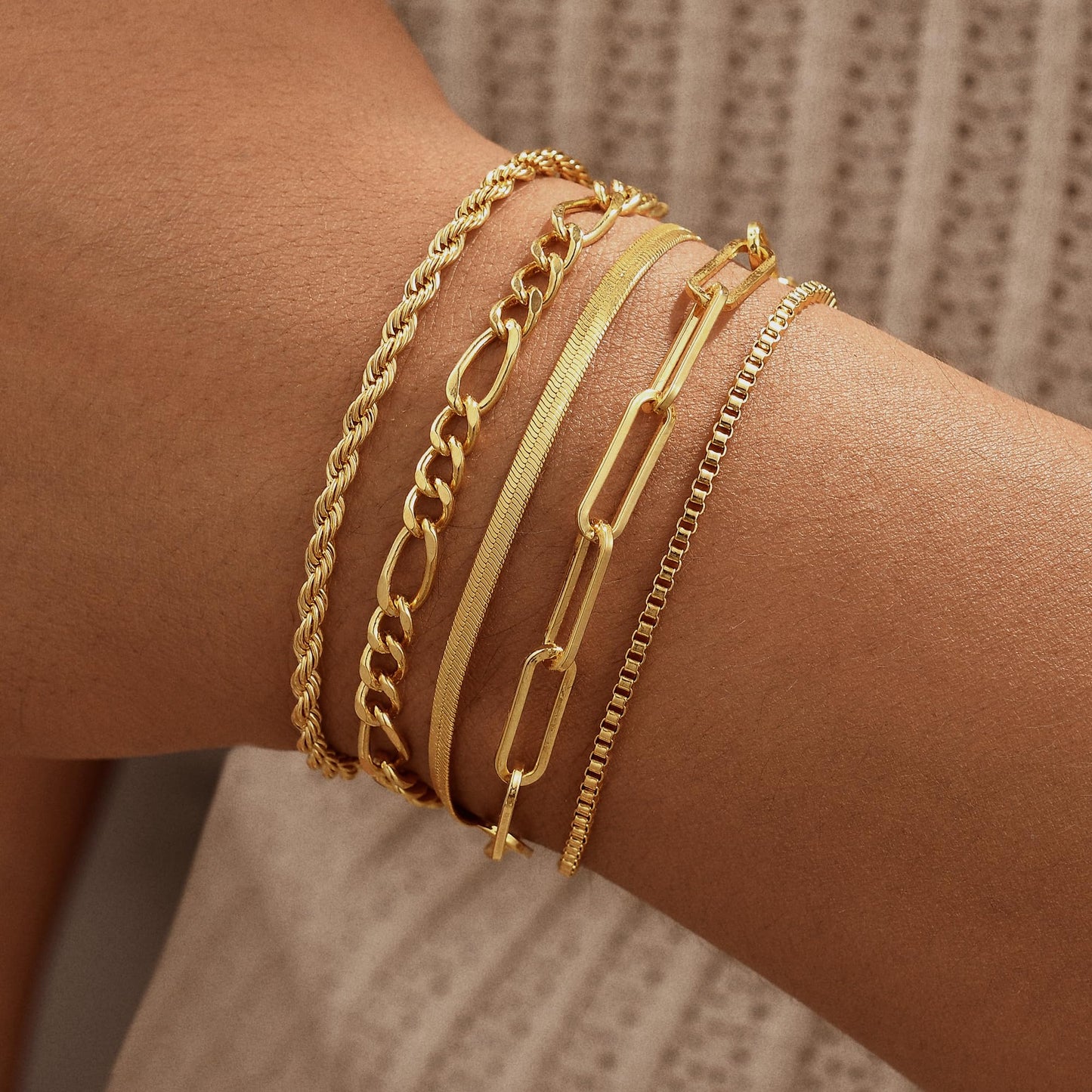 Striviio Gold Bracelets for Women, 14K Gold Plated Stackable Bracelet Stack Set Adjustable Charm Paperclip Chain Snake Link Layered Waterproof Jewelry Sets Gifts
