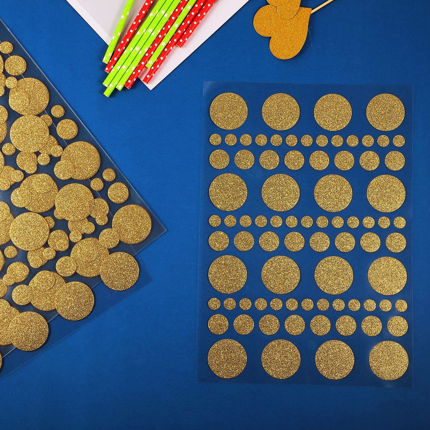 Outus 8 Sheet 632 Pieces Sparkle Round Gold Dot Stickers Foil Glitter Circle Stickers Assorted Size Labeling Sticker for Behavior Chart, Classroom, Office, Planner, Art DIY