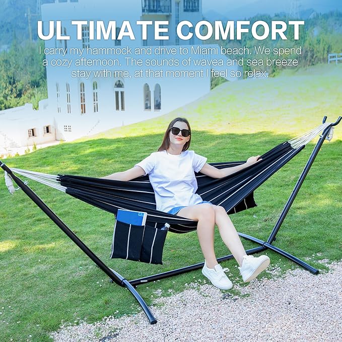 PNAEUT Double Hammocks with Stand for Outside, Portable Space Saving Heavy-Duty Steel Stand for Indoor Outdoor Patio with Carrying Bag, 450 lbs Capacity (Chasm)