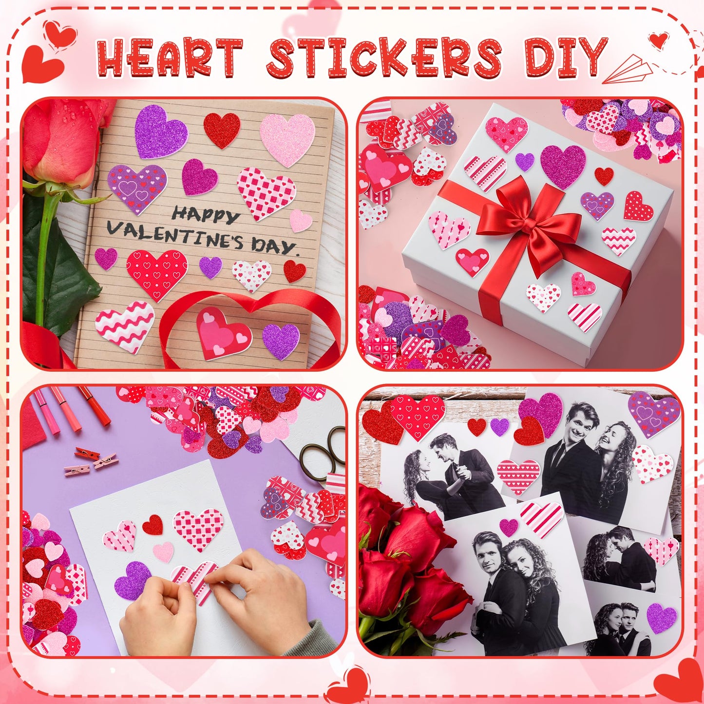 500 PCS Valentines Stickers, Self-Adhesive Foam Heart Stickers for Craft Lovers, 3 Sizes Glitter Polka Dots Stripe Valentines Decor, Bulk Valentine Crafts Red Pink DIY Decor for Frames Presents Cards