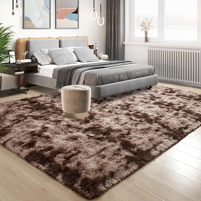 Tepook Soft Fluffy Rugs for Living Room, 5x8 Shaggy Area Rug for Bedroom, Modern Shag Rug Fuzzy Carpets for Kids, Plush Indoor Nursery Home Decor Rug with Non-Slip Bottom, Tie-Dyed Coffee