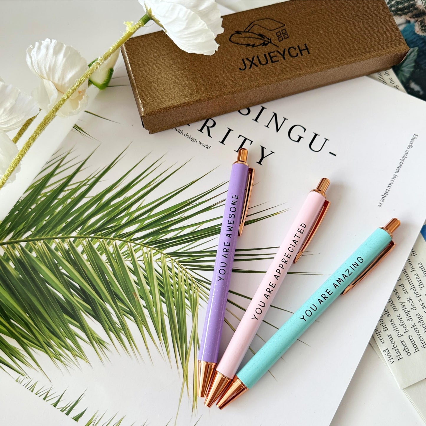 Jxueych Inspirational Metal Pens for Women (3-Pack) - Empowering Quotes: 'AWESOME/AMAZING/APPRECIATED' with Gift Box & Card - Gifts for Nurses, Teachers, Coworkers & Farewells