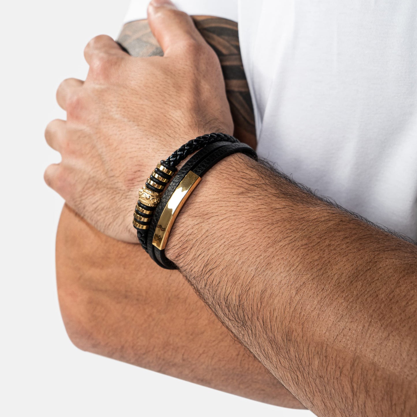 SERASAR Gold Bracelets for Men 17cm Bracelet Gift Box Genuine Leather Cowhide Braided Adjust Able Magnetic Clasp Multi Layer Wrap Rope Man Mans Male Band Jewelry Magnet Accessories