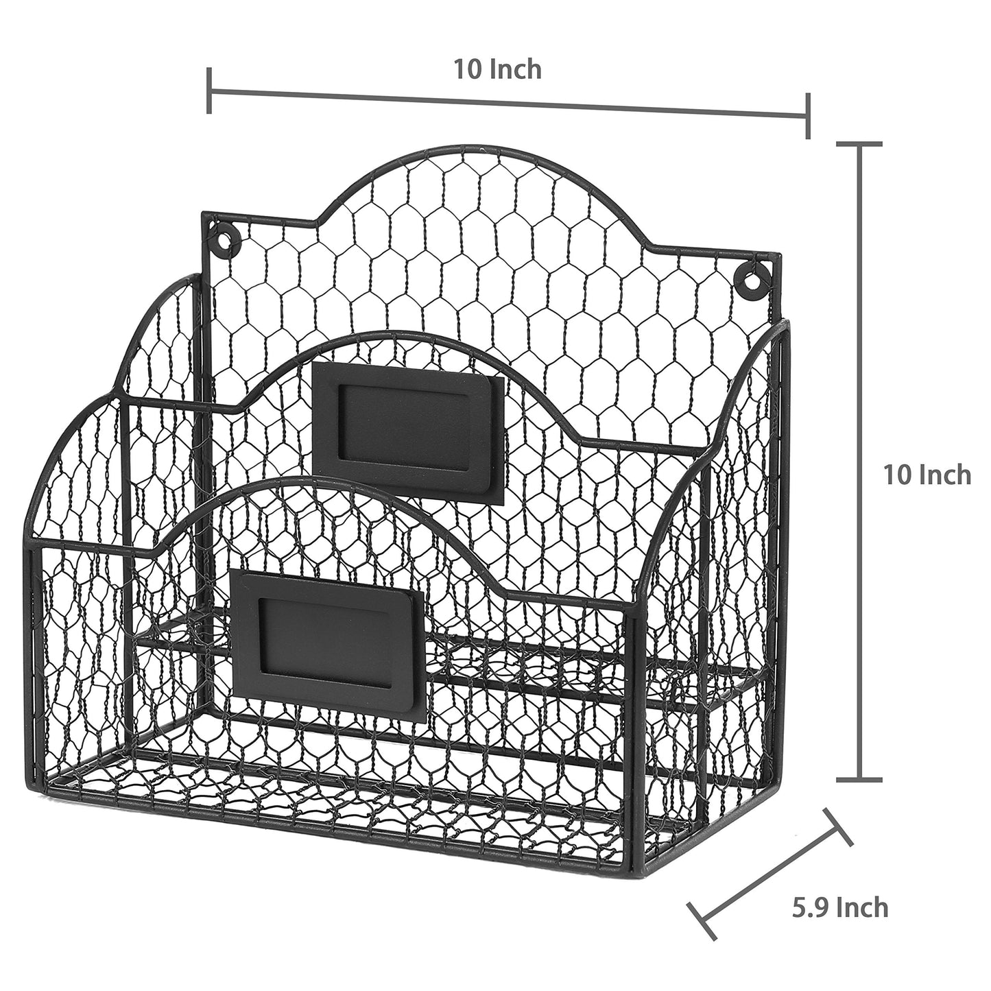 MyGift Metal Wire Basket Desk Organizer, 2 Compartment Inbox/Outbox Black Entryway Wall Mail Sorter, Office Desktop Stationery File Organizer Holder with Chalkboard Labels