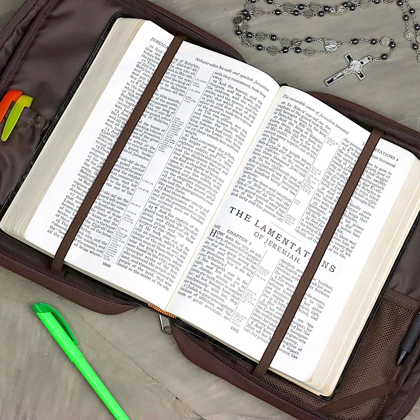 Bible Cover Dark Brown Vegan Leather with Scripture Verse Durable Bible Case with Elastic Page Holders Zipper Pocket Multiple Storage Options for Pens Notepad